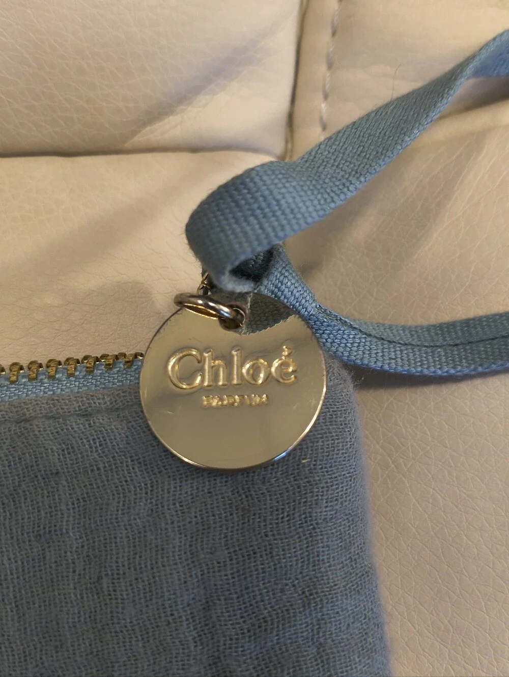 Chloe Parfums Slate Blue Linen Makeup Cosmetic Bag Pouch Gold Logo Zipper